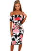 Sexy Black Multi Floral Bardot Bodycon Midi Dress